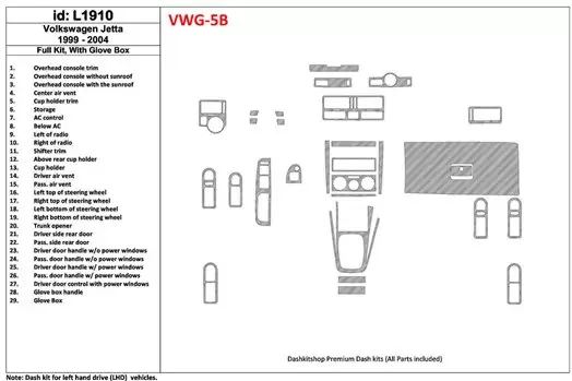 Volkswagen Jetta 1999-2004 Full Set, with glowe-box, 29 Parts set Interior BD Dash Trim Kit