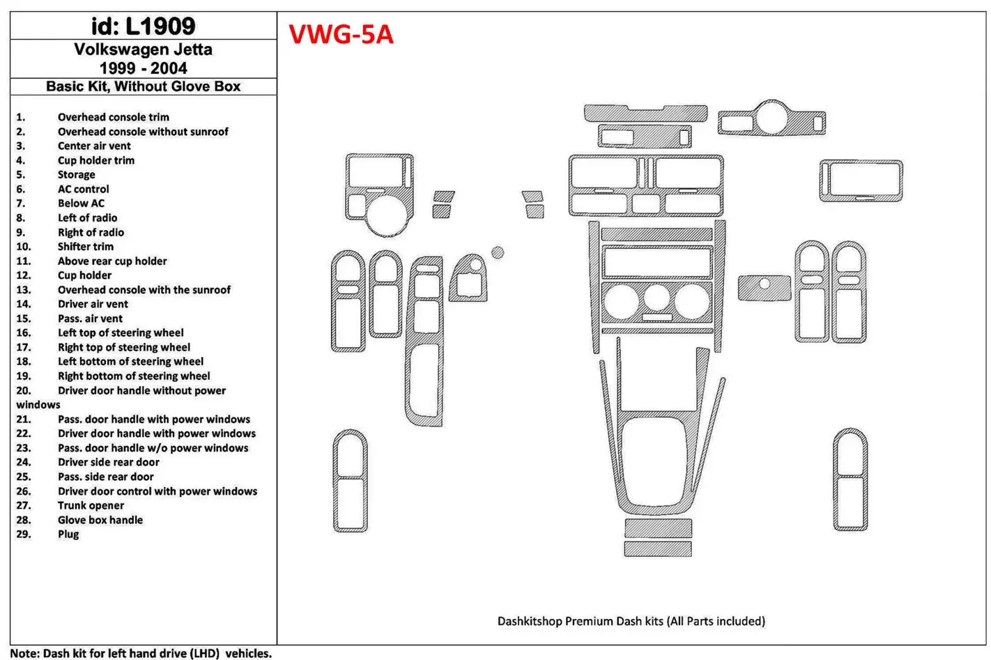 Volkswagen Jetta 1999-2004 Full Set, Without glowe-box, 28 Parts set BD Interieur Dashboard Bekleding Volhouder