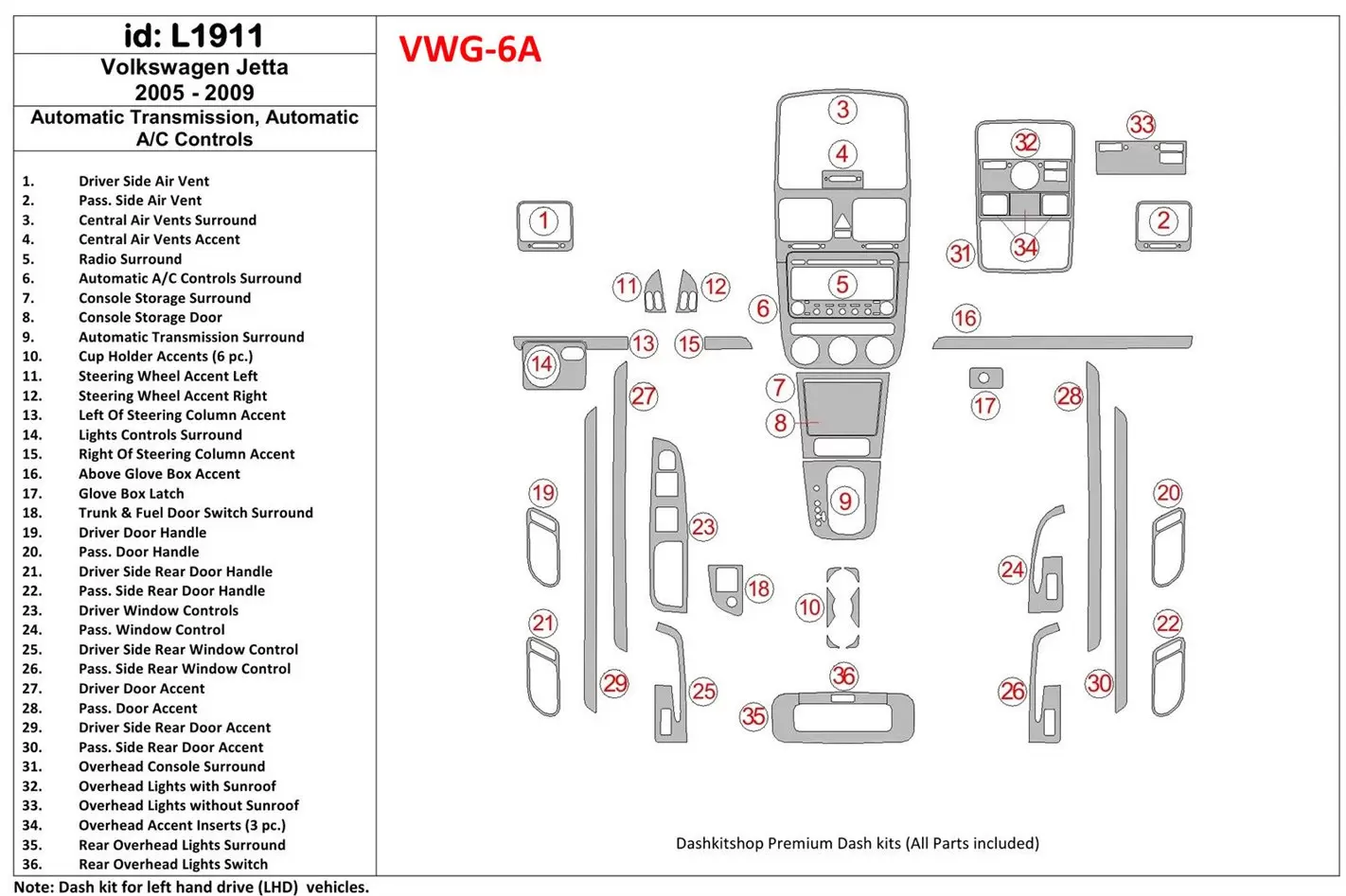 Volkswagen Jetta 2005-2009 Automatic Gear, Auto AC Control Interior BD Dash Trim Kit