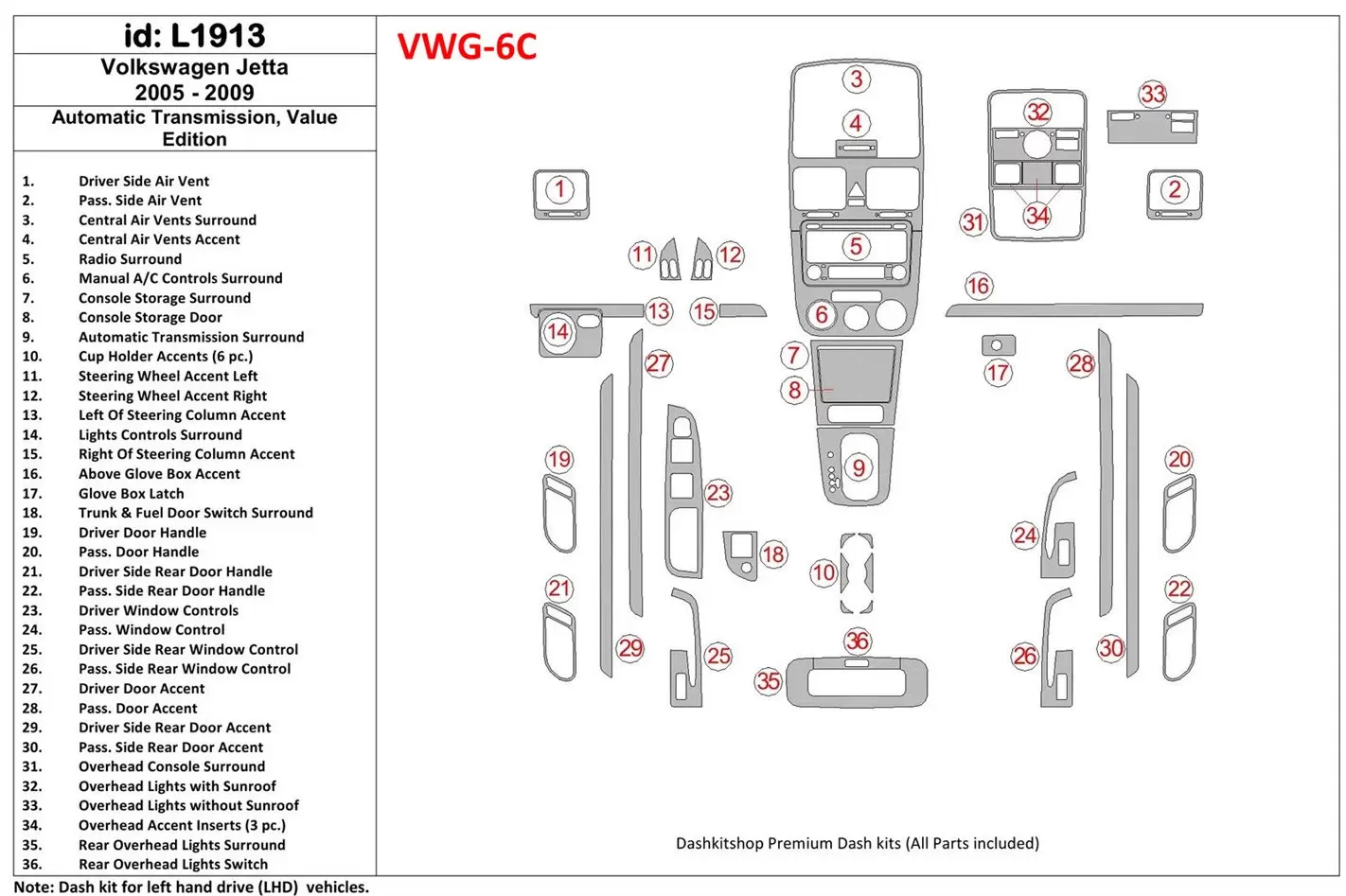 Volkswagen Jetta 2005-2009 Automatic Gear, Value Edition BD Interieur Dashboard Bekleding Volhouder