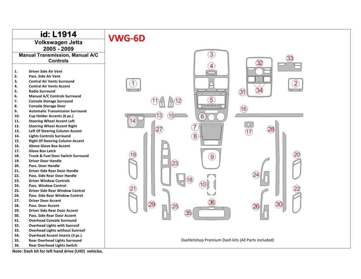 Volkswagen Jetta 2005-2009 Manual Trans, Aircondition Interior BD Dash Trim Kit