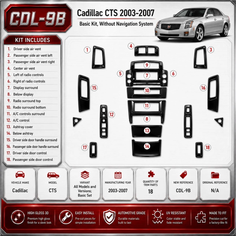 Cadillac CTS 2003-2007 juego básico, 18 piezas set kit de molduras interiores para salpicadero