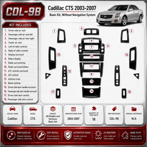 Cadillac CTS 2003-2007 juego básico, 18 piezas set kit de molduras interiores para salpicadero