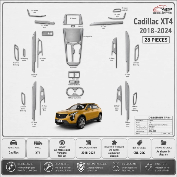 Cadillac XT4 2018-2024 Full Set Interior Dashboard Trim Kit Dash Trim Dekor 28 Parts