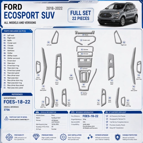 Ford EcoSport SUV 2018-2022 kit rivestimento cruscotto e interni 3D 22 pezzi