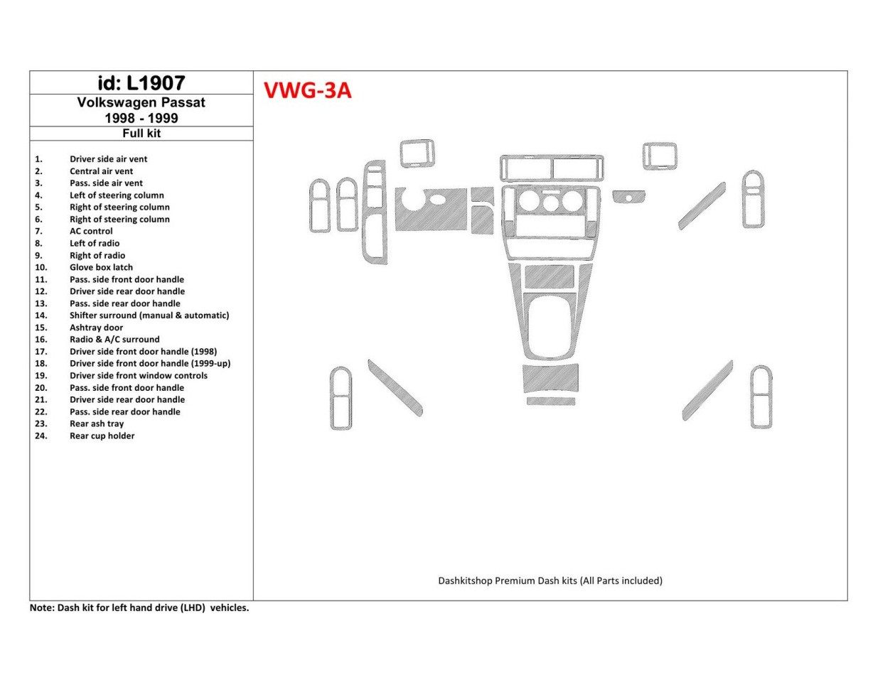 Volkswagen Passat 1998-1999 Ensemble Complet, 24 Parts set BD Kit la décoration du tableau de bord - 1 - habillage decor de tabl