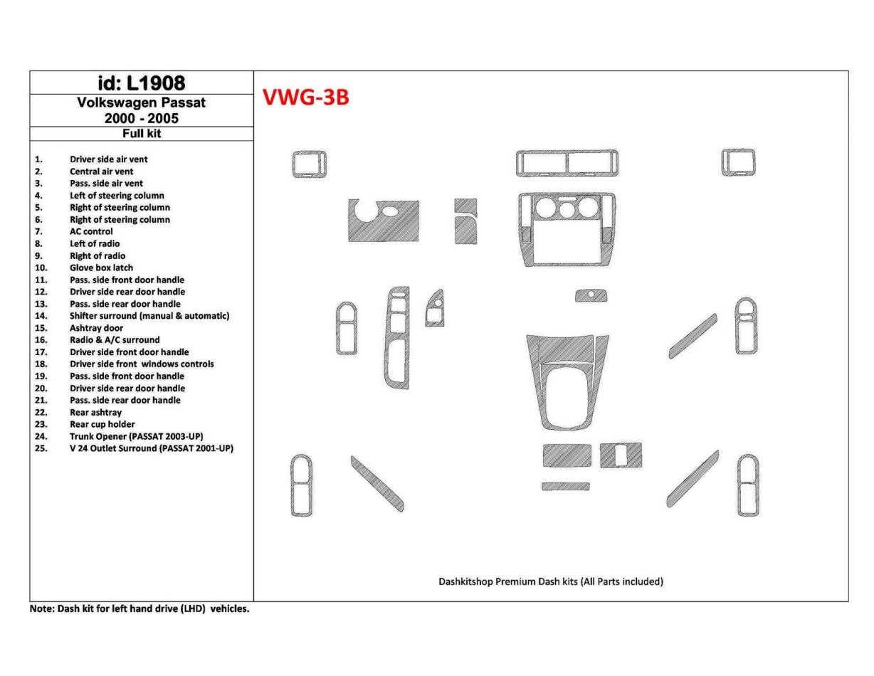 Volkswagen Passat 2000-2005 Ensemble Complet, 24 Parts set BD Kit la décoration du tableau de bord - 1 - habillage decor de tabl