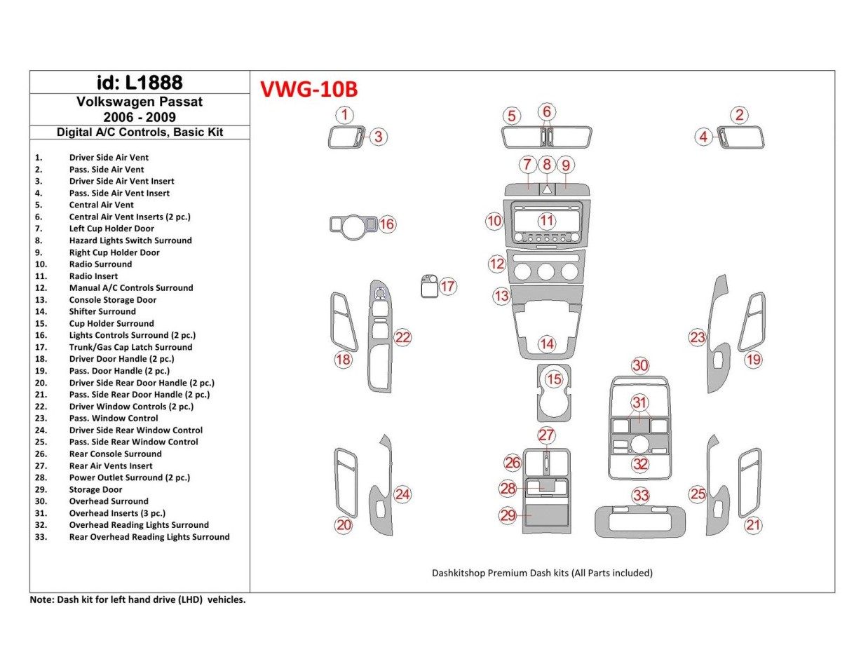 Volkswagen Passat 2006-2009 Manual Gearbox AC Controls, Basic Set BD Interieur Dashboard Bekleding Volhouder