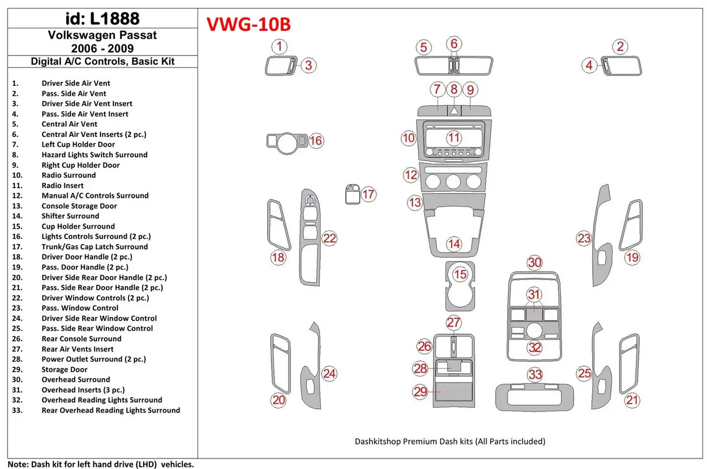 Volkswagen Passat 2006-2009 Manual Gearbox AC Controls, Basic Set Interior BD Dash Trim Kit