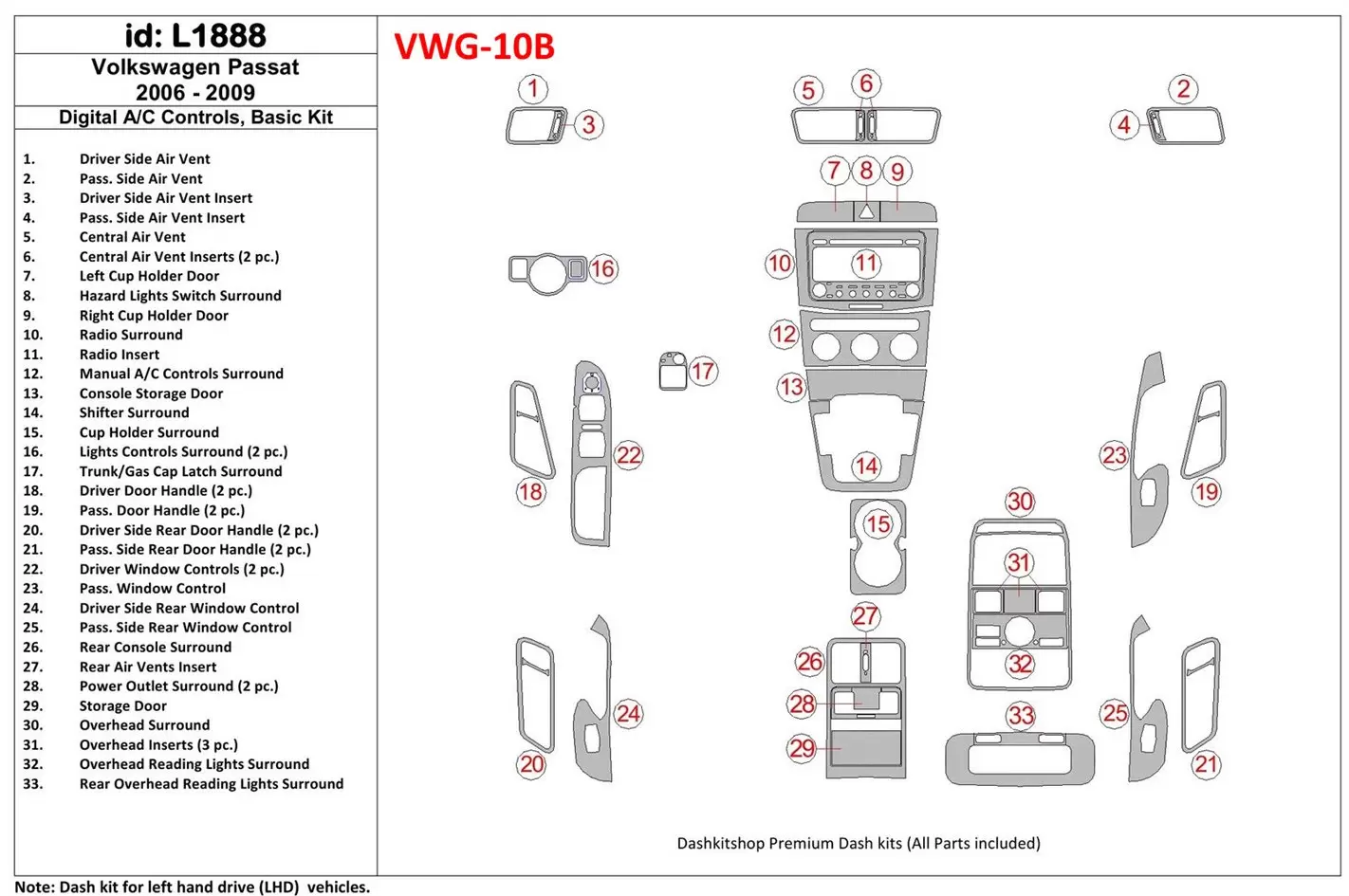 Volkswagen Passat 2006-2009 boîte manuellebox AC Controls, Paquet de base BD Kit la décoration du tableau de bord - 1 - habillag