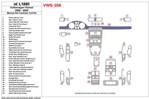 Volkswagen Passat 2006-2009 Manual Gearbox AC Controls, Full Set Interior BD Dash Trim Kit