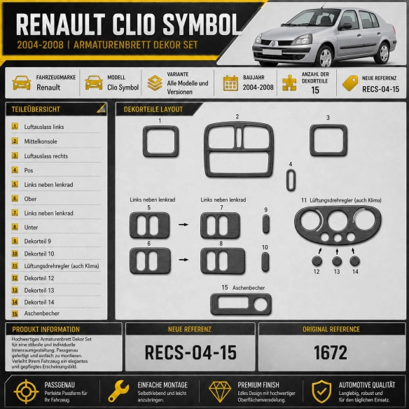Renault Clio Symbol 2004-2008 kit rivestimento cruscotto e interni 3D 15 pezzi