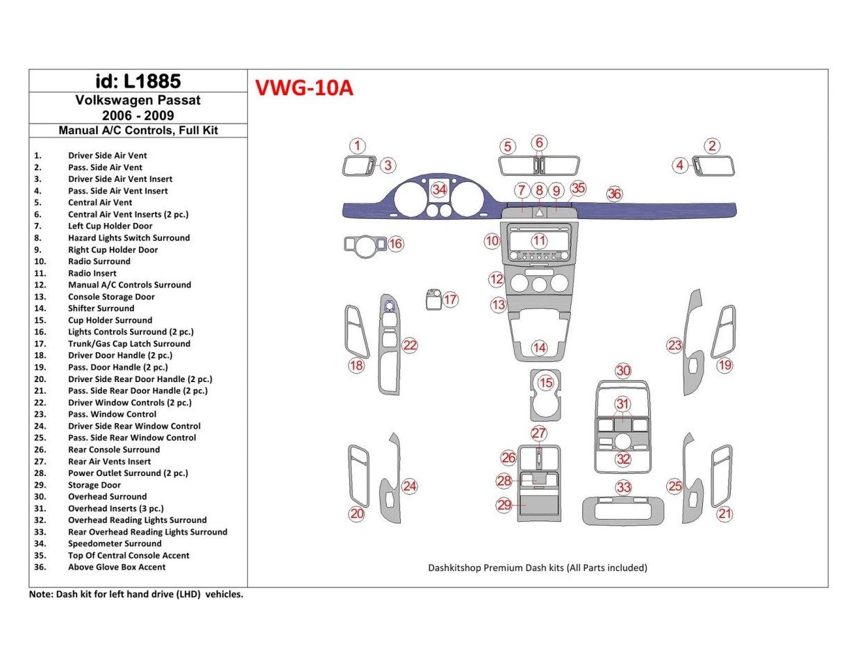 Volkswagen Passat 2006-2009 Manual Gearbox AC Controls, Full Set BD Interieur Dashboard Bekleding Volhouder