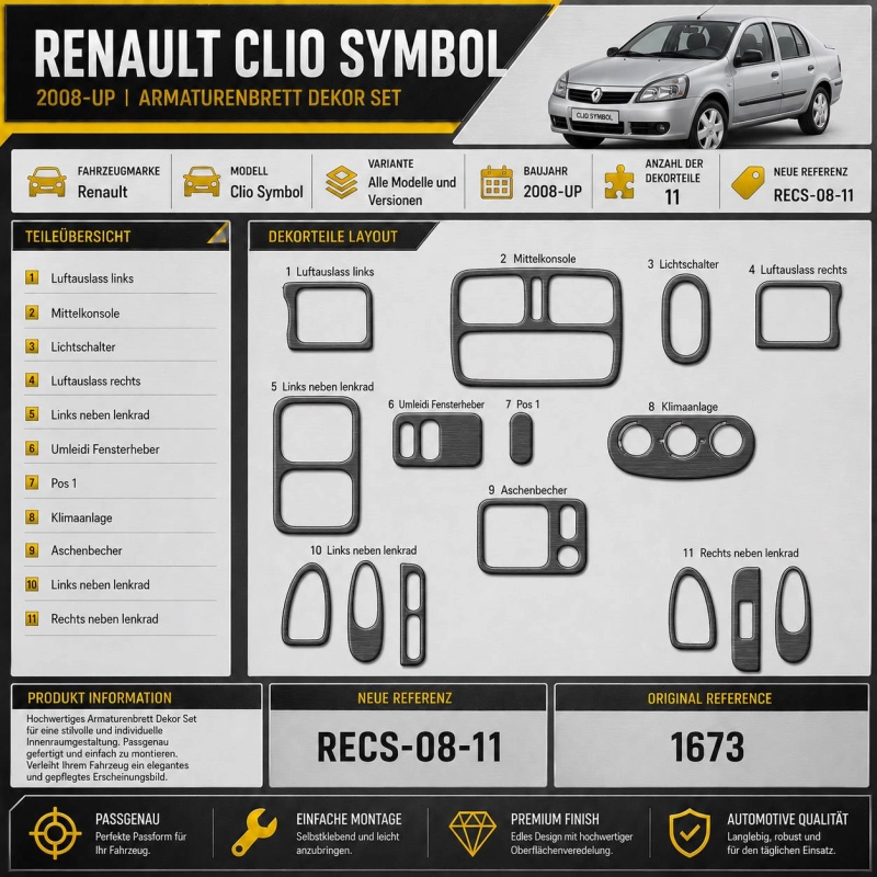 Renault Clio Symbol 2008-in poi kit rivestimento cruscotto e interni 3D 11 pezzi