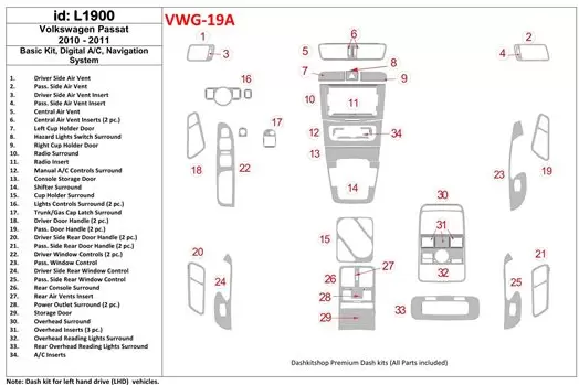 Volkswagen Passat 2010-UP Paquet de base, Automatic A/C, Navigation system BD Kit la décoration du tableau de bord - 1 - habilla