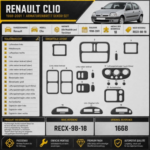 Renault Clio 1998-2001 3D Armaturenbrett-Dekor-Set, 18 Teile 2
