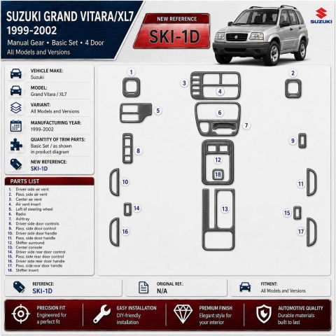 Suzuki Grand Vitara 1999-2002 Suzuki Gr? Vitara/XL71999-heden Manual Gear Basic Set 4D interieur dashboard decoratieset dashboar
