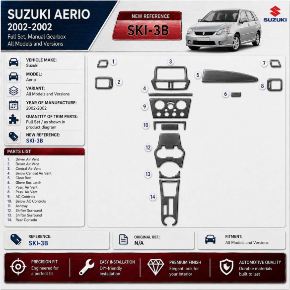 Suzuki Aerio 2002-2002 juego completo, Manual Gear Box kit de molduras interiores para salpicadero
