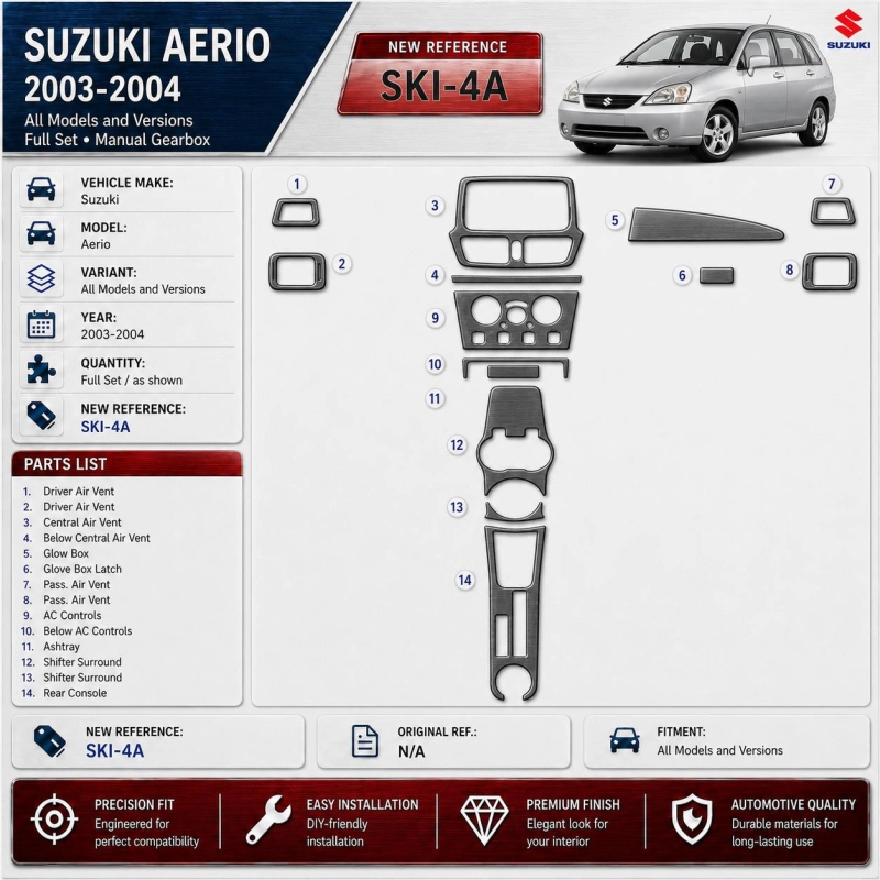 Suzuki Aerio 2003-2004 Full Set, Manual Gear Box Interior Dashboard Trim Kit Dash Trim Dekor