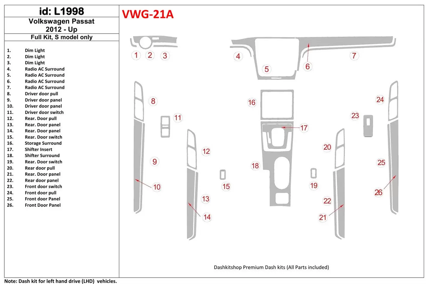 Volkswagen Passat B7 2012-UP S Model Decor de carlinga su interior