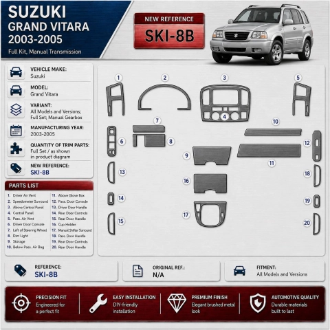 Suzuki Grand Vitara 2003-2005 Full Set, Manual Gear Box Interior Dashboard Trim Kit Dash Trim Dekor