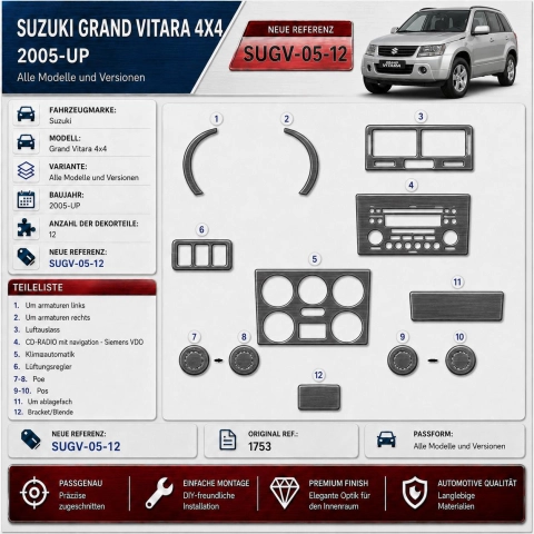 Suzuki Grand vitara 4x4 2005-UP 3D Interior Dashboard Trim Kit Dash Trim Dekor 12-Parts