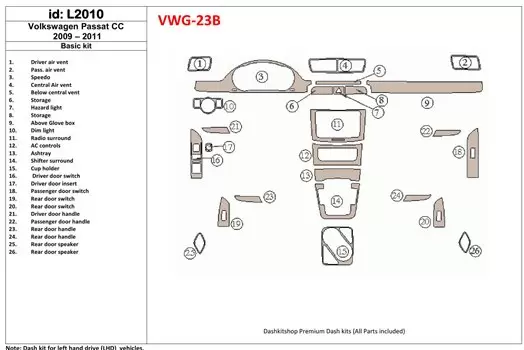 Volkswagen Passat CC 2009-2011 Basic Set Cruscotto BD Rivestimenti interni