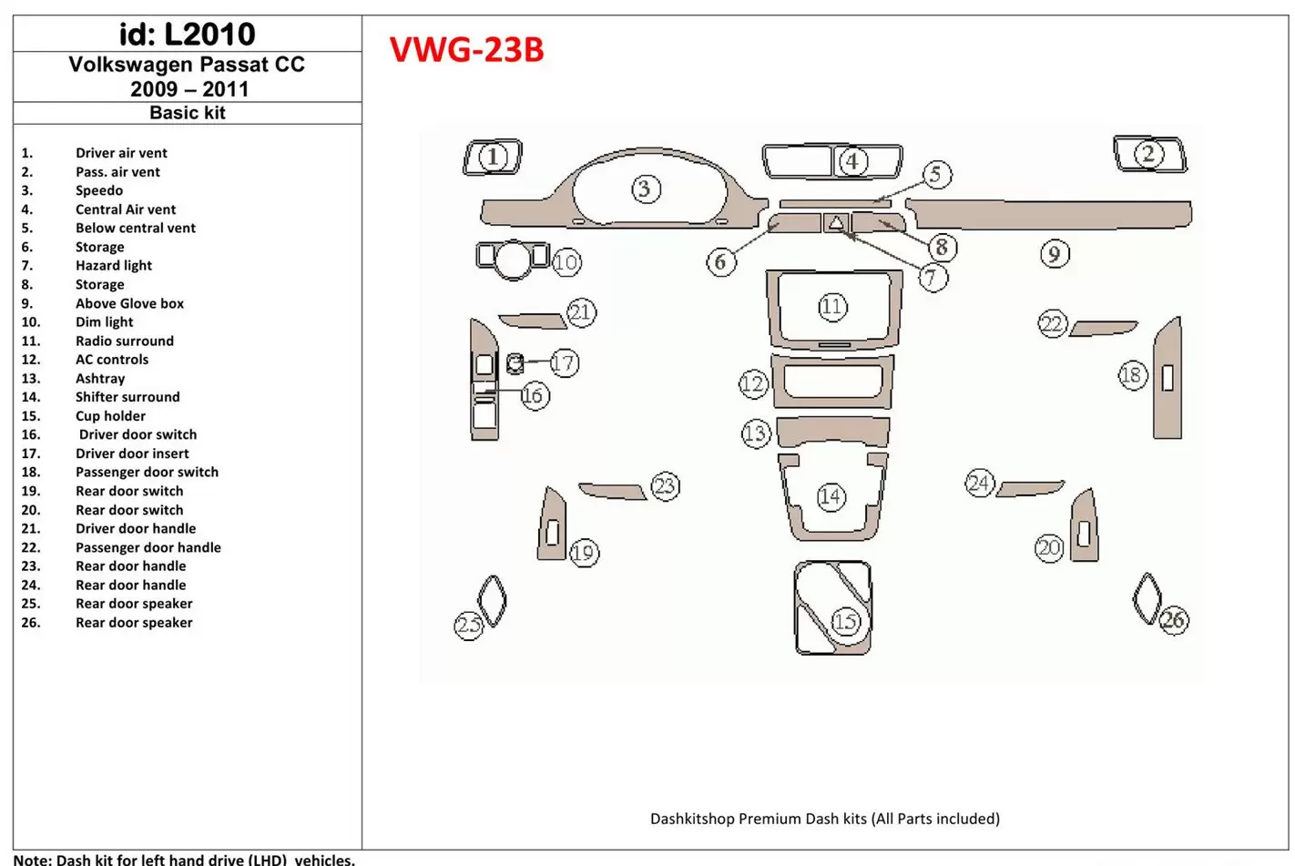 Volkswagen Passat CC 2009-2011 Basic Set Decor de carlinga su interior