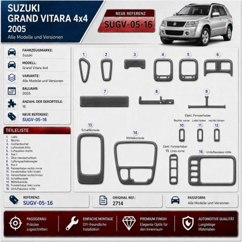 Suzuki Grand vitara 4x4 2005-UP 3D Interior Dashboard Trim Kit Dash Trim Dekor 16-Parts