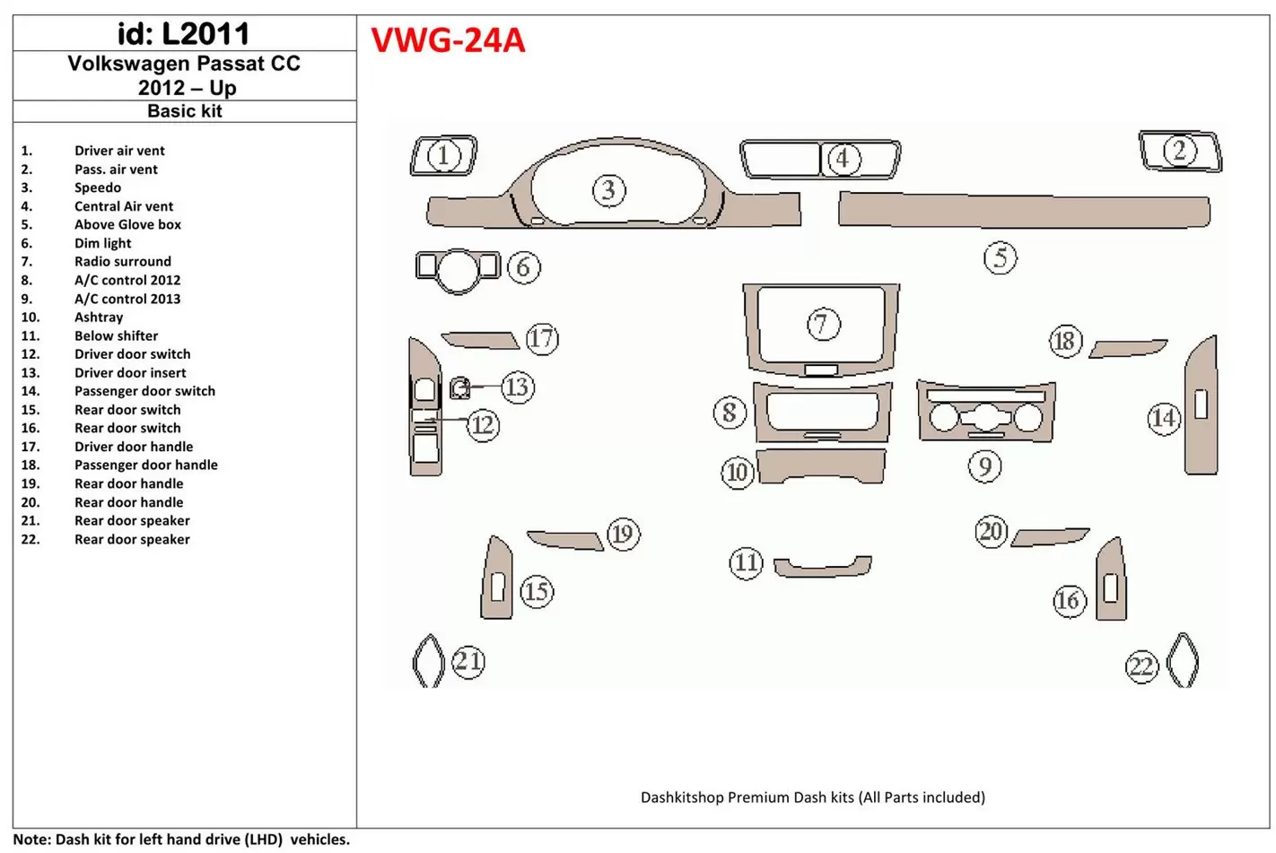 Volkswagen Passat CC 2012-UP Basic Set Interior BD Dash Trim Kit