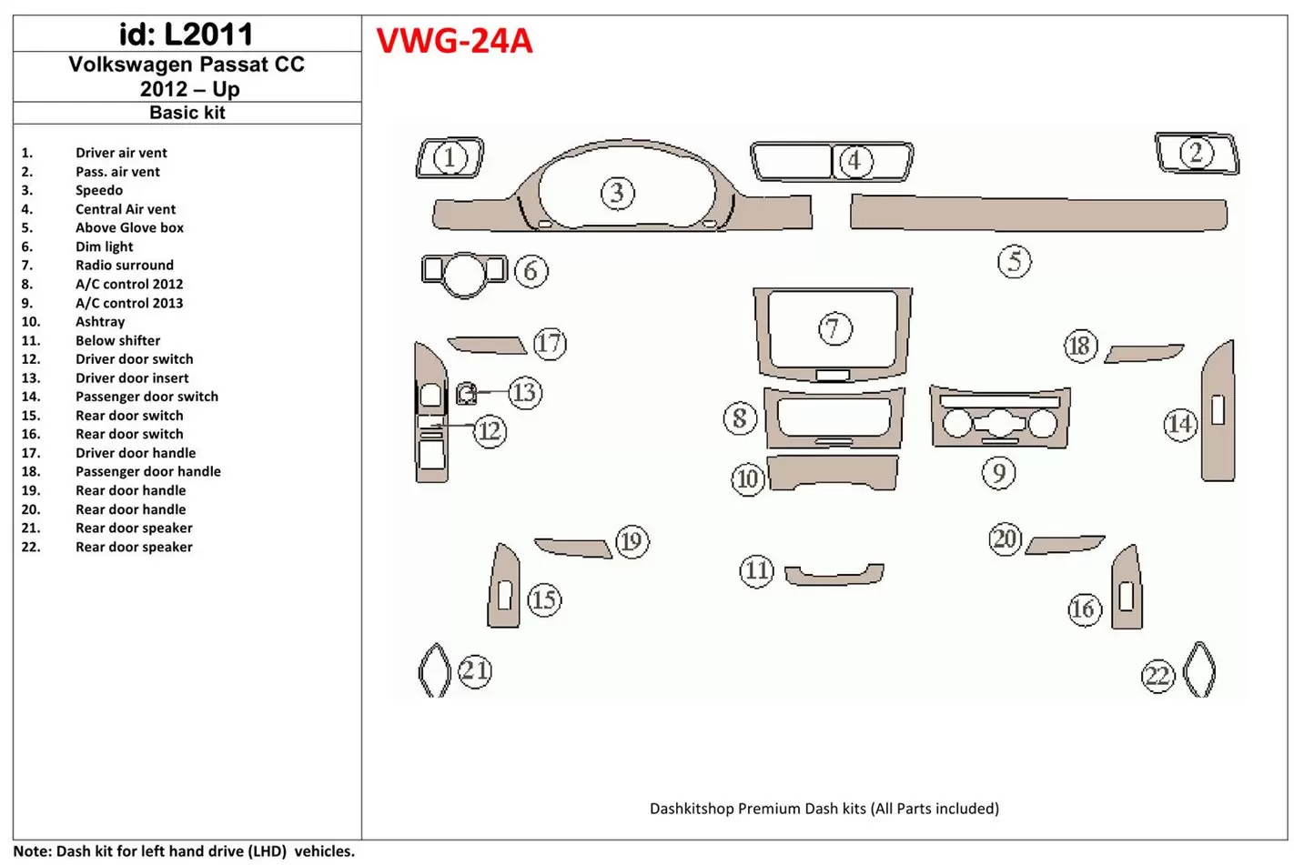 Volkswagen Passat CC 2012-UP Paquet de base BD Kit la décoration du tableau de bord - 1 - habillage decor de tableau de bord