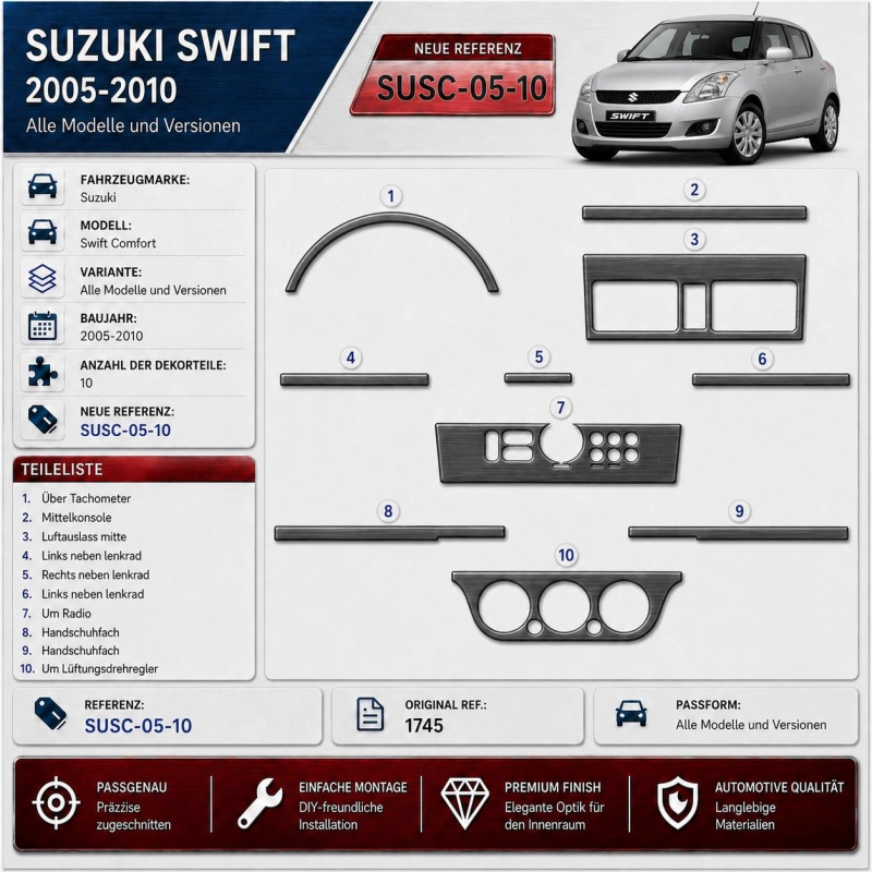 Suzuki Swift Comfort 2005-2010 3D Interior Dashboard Trim Kit Dash Trim Dekor 10-Parts