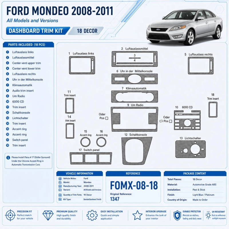 Ford Mondeo 2008-2011 3D Interior Dashboard Trim Kit Dash Trim Dekor 18-Parts