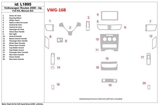 Volkswagen Routan 2009-UP Full Set, Manual Gearbox AC BD Interieur Dashboard Bekleding Volhouder
