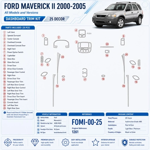 Ford Maverick II 2000-2005 kit de molduras interiores para salpicadero 25 piezas