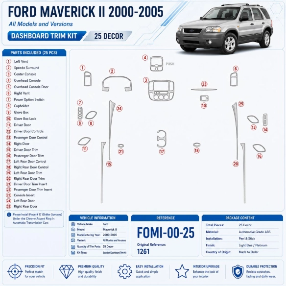 Ford Maverick II 2000-2005 interieur dashboard decoratieset dashboard decor 25 delen