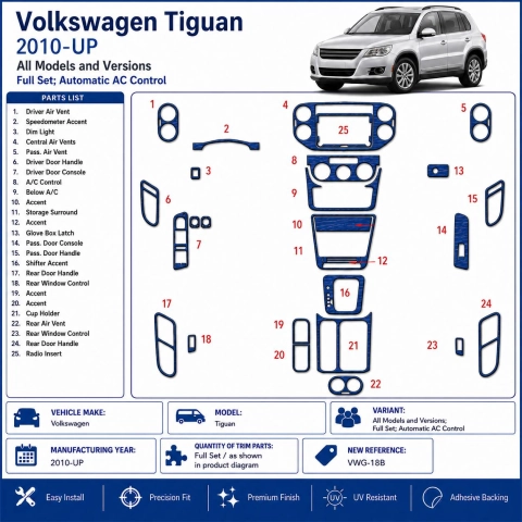 Volkswagen Tiguan 2010+ set complet, Automatic AC Control kit décor tableau de bord 3D 2