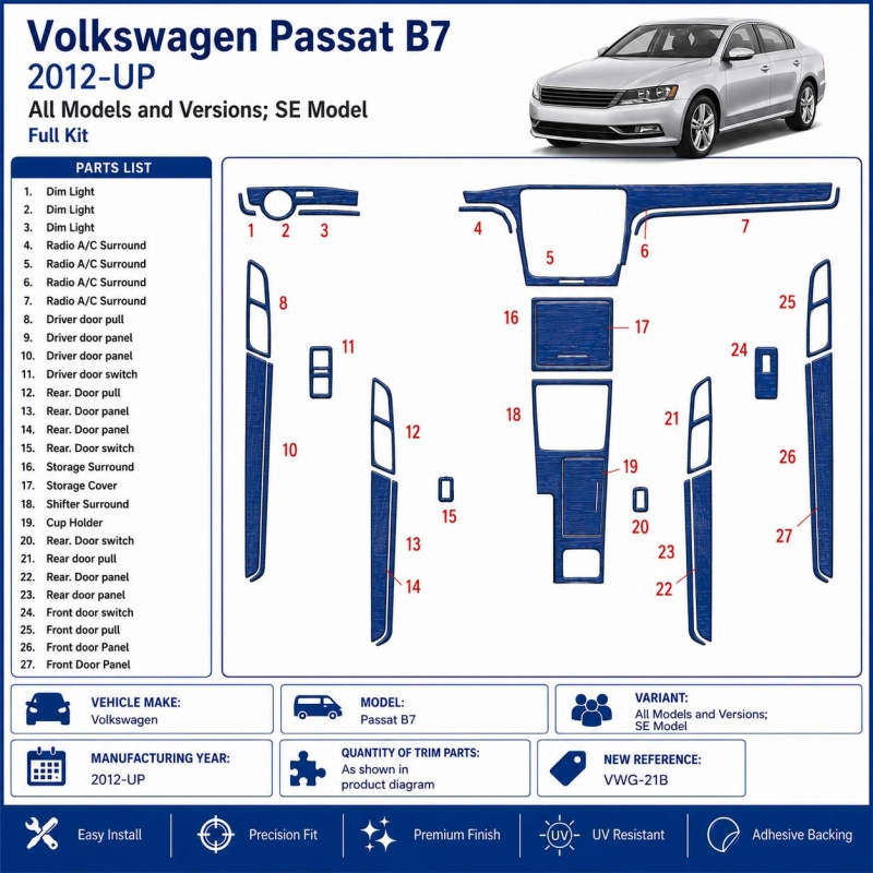 Volkswagen Passat B7 2012-UP SE Model Interior Dashboard Trim Kit Dash Trim Dekor
