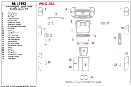 Volkswagen Tiguan 2009-2009 Full Set, Manual Gearbox AC Interior BD Dash Trim Kit