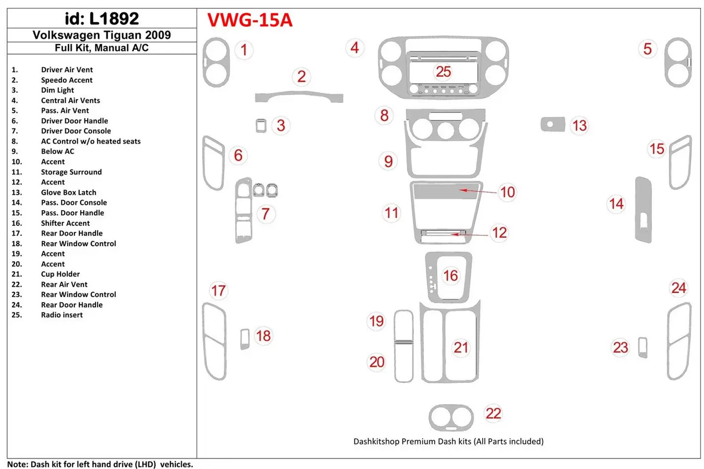 Volkswagen Tiguan 2009-2009 Full Set, Manual Gearbox AC BD Interieur Dashboard Bekleding Volhouder