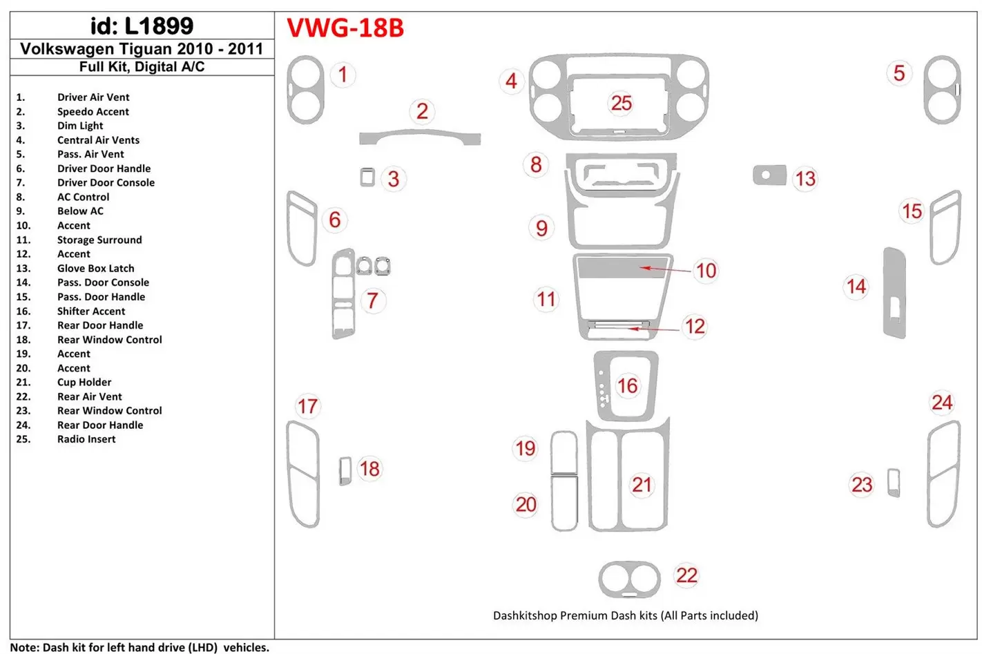 Volkswagen Tiguan 2010-UP Full Set, Automatic AC Control Interior BD Dash Trim Kit