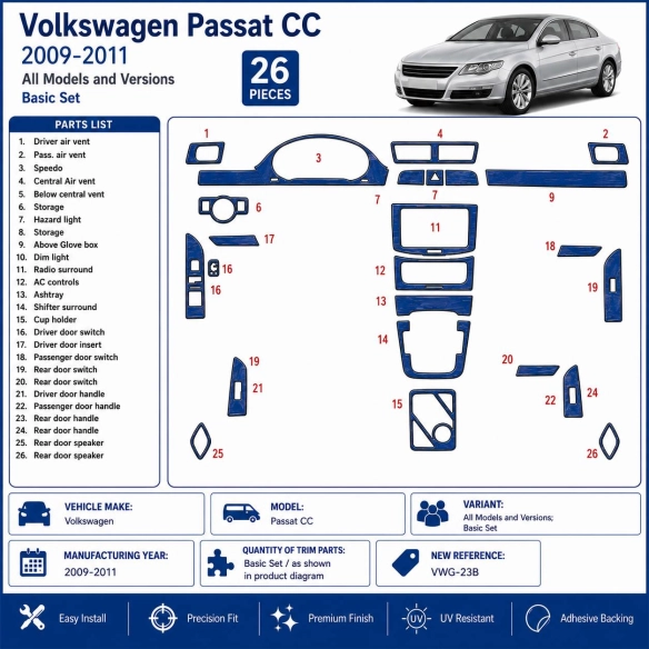 Volkswagen Passat CC 2012-UP Basic Set Interior Dashboard Trim Kit Dash Trim Dekor