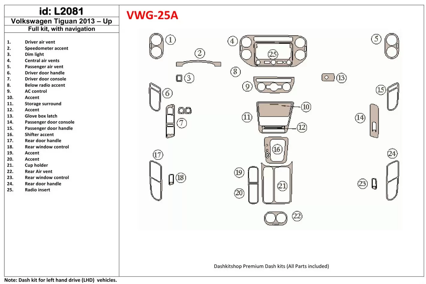 Volkswagen Tiguan 2013-UP Full Set, With NAVI Interior BD Dash Trim Kit