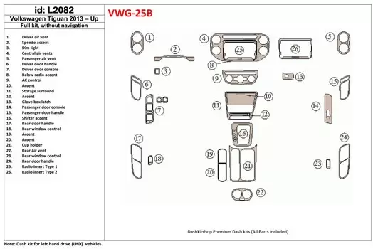 Volkswagen Tiguan 2013-UP Full Set, Without NAVI BD Interieur Dashboard Bekleding Volhouder