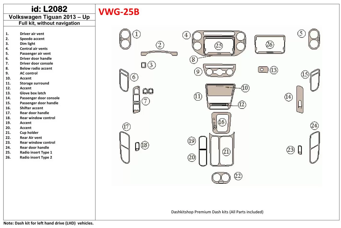 Volkswagen Tiguan 2013-UP Full Set, Without NAVI Cruscotto BD Rivestimenti interni