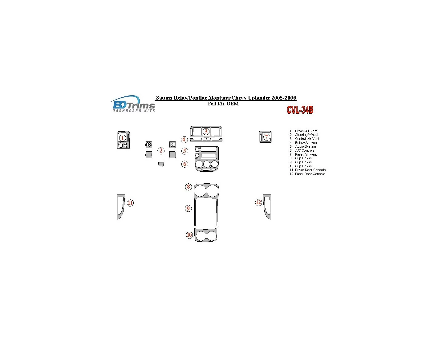 Chevrolet Uplander 2005-UP Full Set, OEM Interior BD Dash Trim Kit