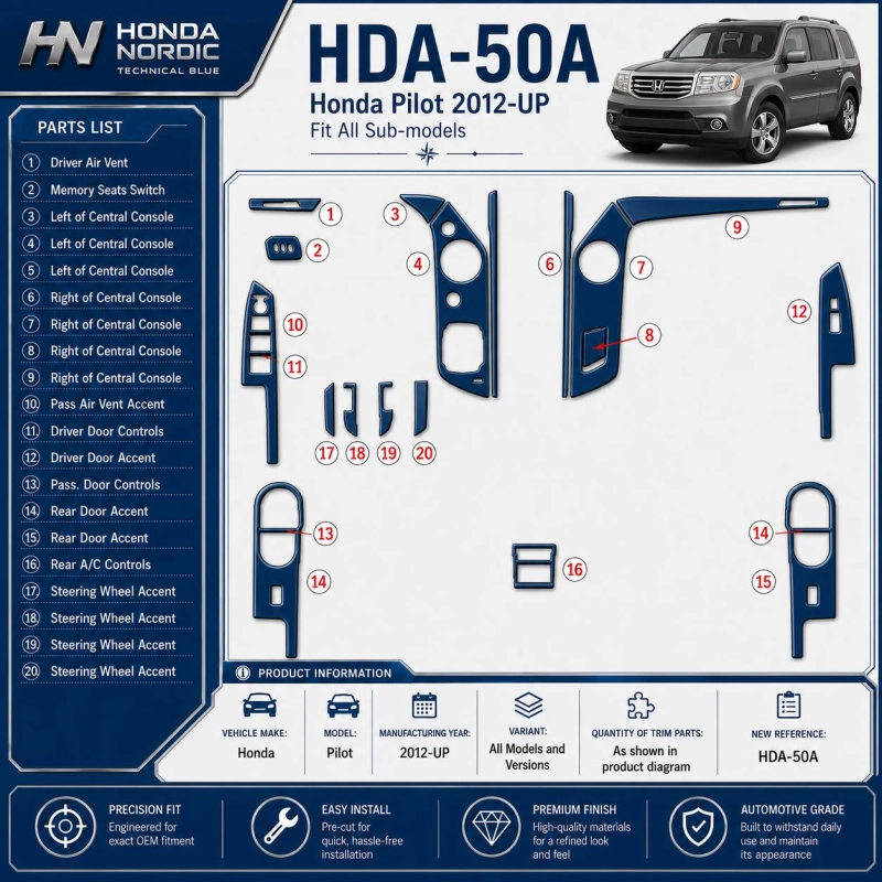 Honda Pilot 2012-in poi kit rivestimento cruscotto e interni 3D