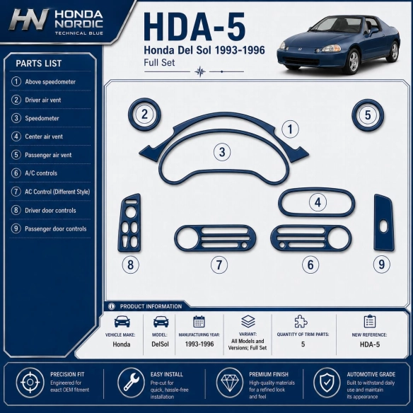 Honda DelSol 1993-1996 set completo kit rivestimento cruscotto e interni 3D 5 pezzi