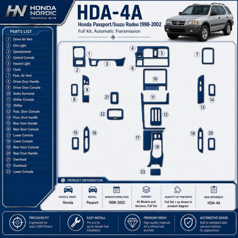 Honda Pasport 1998-2002 juego completo kit de molduras interiores para salpicadero