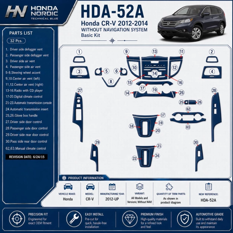 Honda CR-V 2012-UP Without NAVI Interior Dashboard Trim Kit Dash Trim Dekor